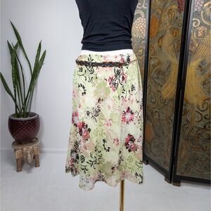 Y2K Floral Chiffon Midi Skirt Light Green Mesh Overlay Fairycore Whimsical M